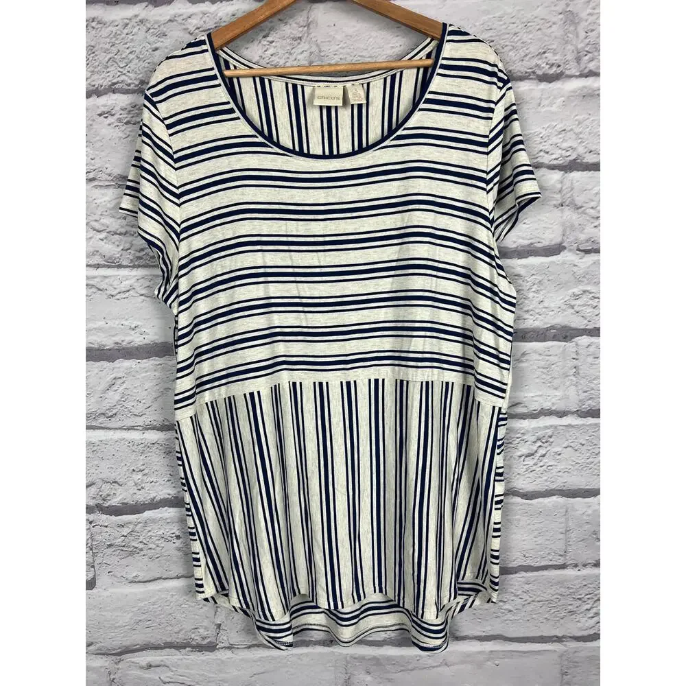 Chico's Women's XL Nautical Coastal Preppy Minimalist Vacation Striped‎ T-Shirt